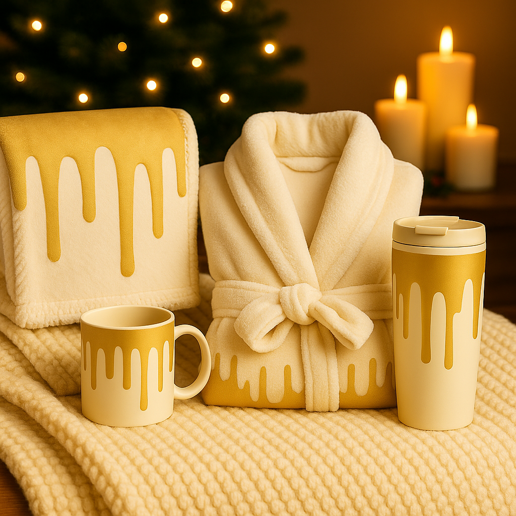 Luxe Gold Drip 4-Piece Gift Set-Robe, Mug, Tumbler, Blanket