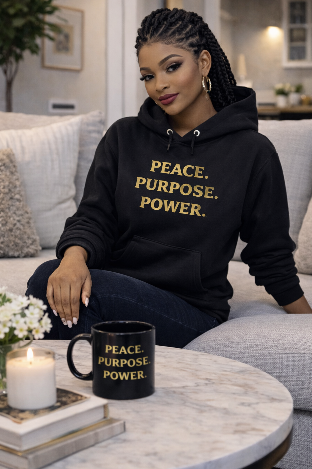 Peace. Purpose. Power. Black Ceramic Mug — Inspirational Coffee Cup