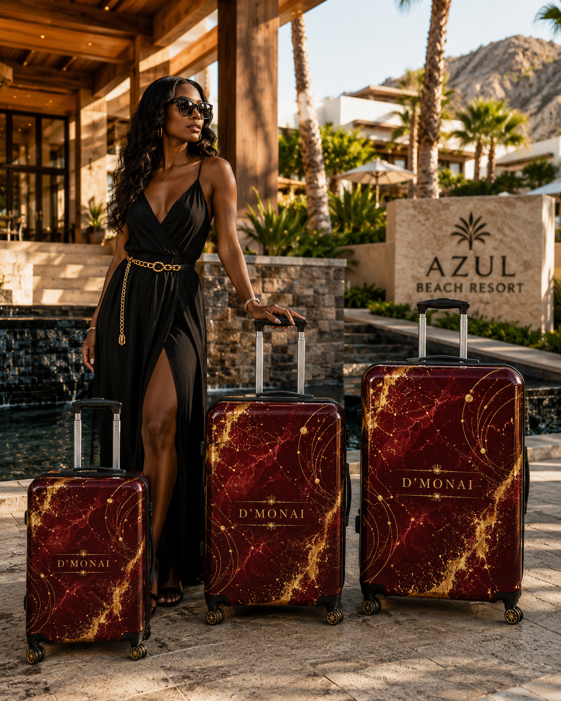 D'MONAI Burgundy & Gold Luxury Travel Suitcase