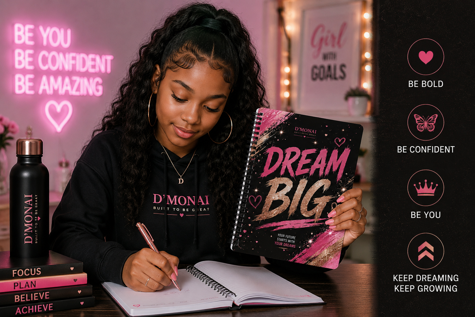 Dream Big Spiral Journal — Inspirational Pink & Gold Notebook for Goals, Planning & Self-Reflection