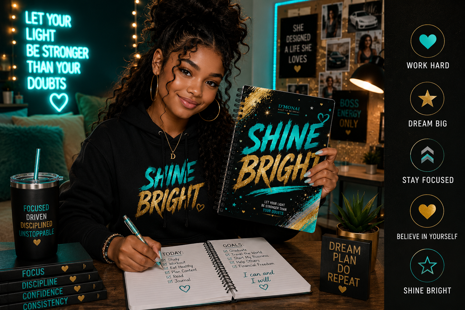 Shine Bright Spiral Notebook — Inspirational Gold & Teal Journal
