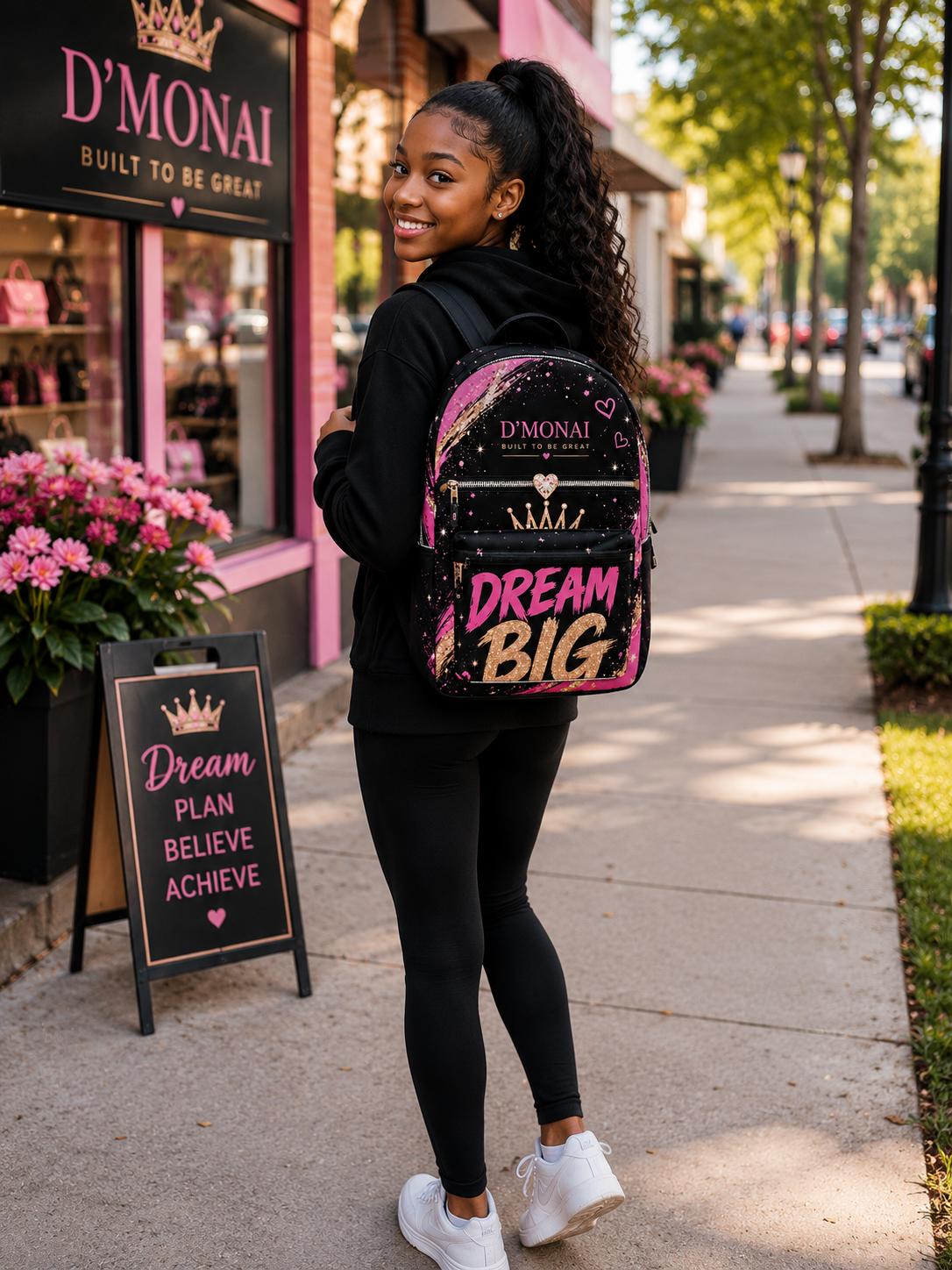 Dream Big Pink Glitter Crown Backpack — Motivational Kids School Bag