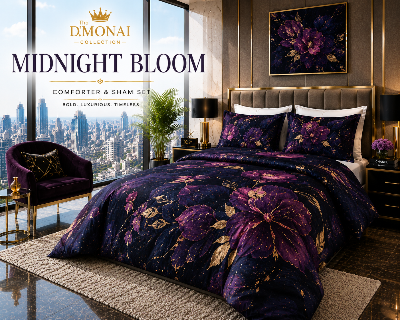 Midnight Bloom Comforter & Sham Set | The D'MONAI Collection