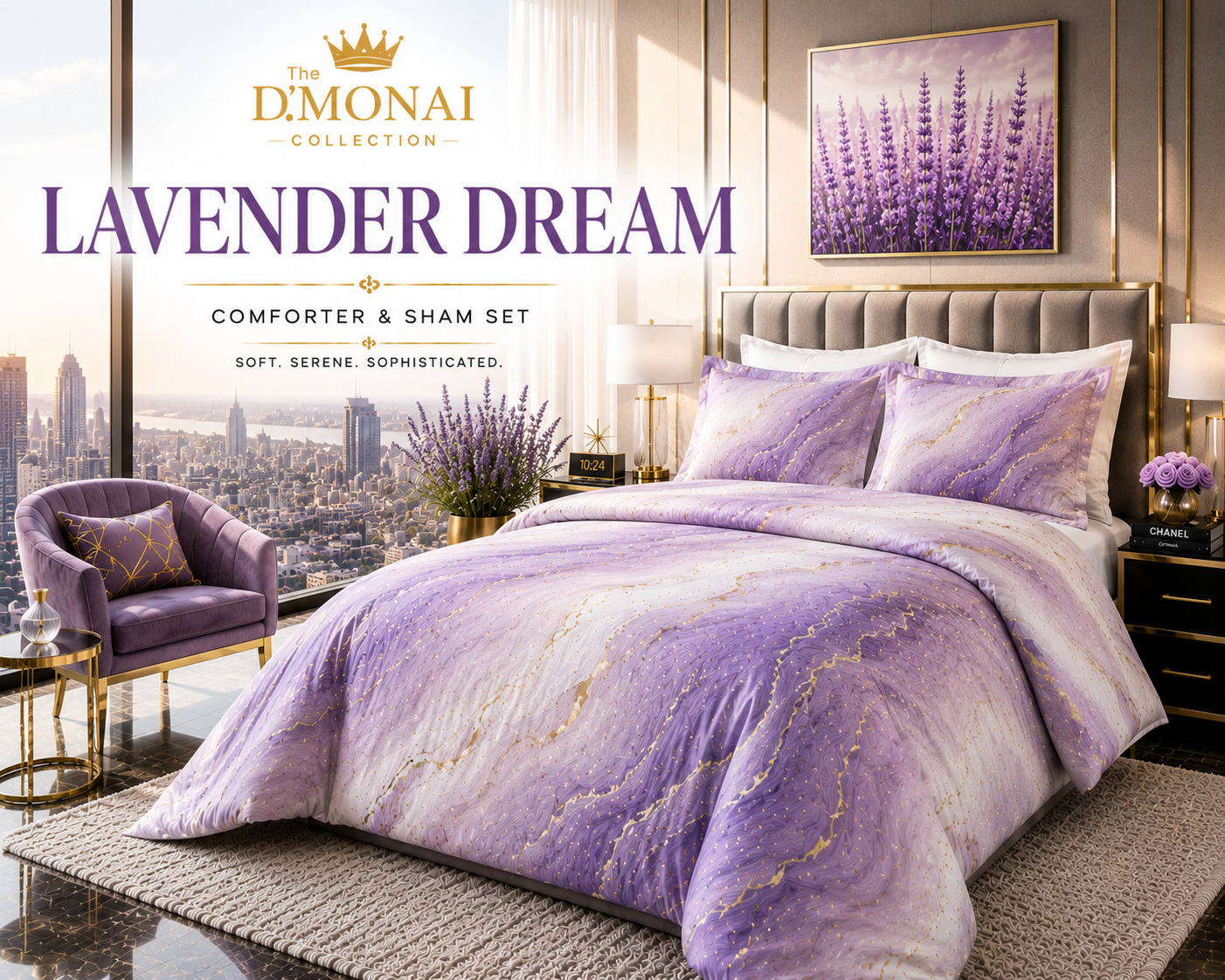 Lavender Dream luxury comforter and sham set featuring soft lavender marble artwork with gold accents in a modern penthouse bedroom by The D'MONAI Collection.
