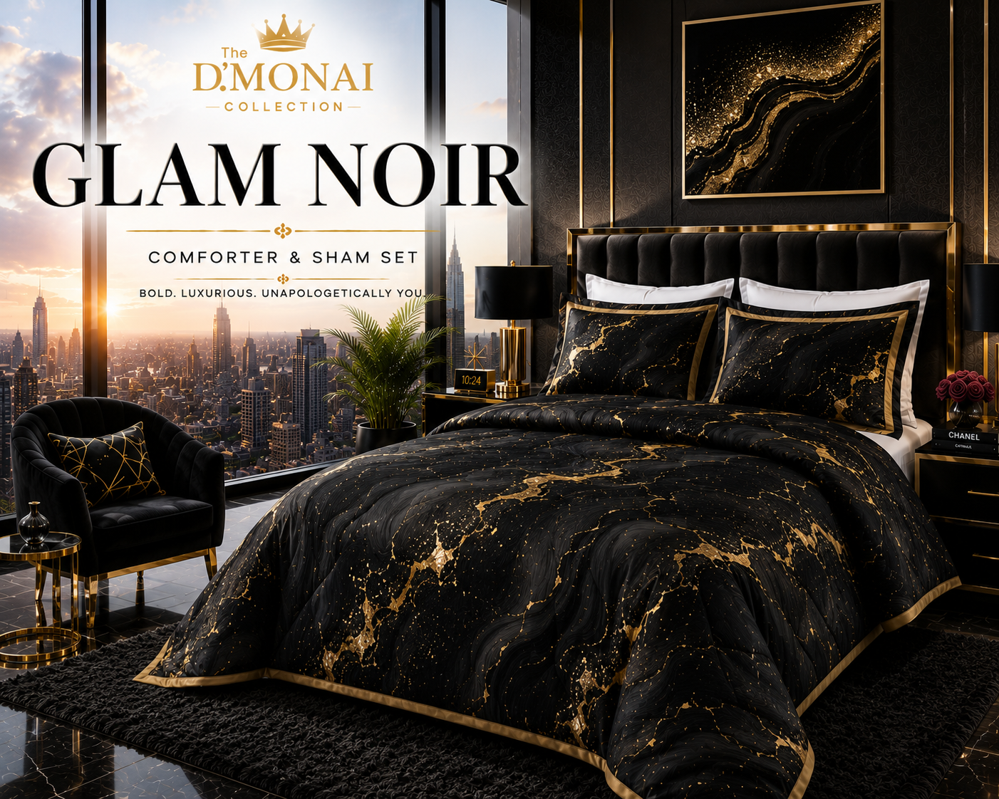 Glam Noir luxury black and gold marble comforter and sham set by The D'MONAI Collection displayed in an elegant modern bedroom.
