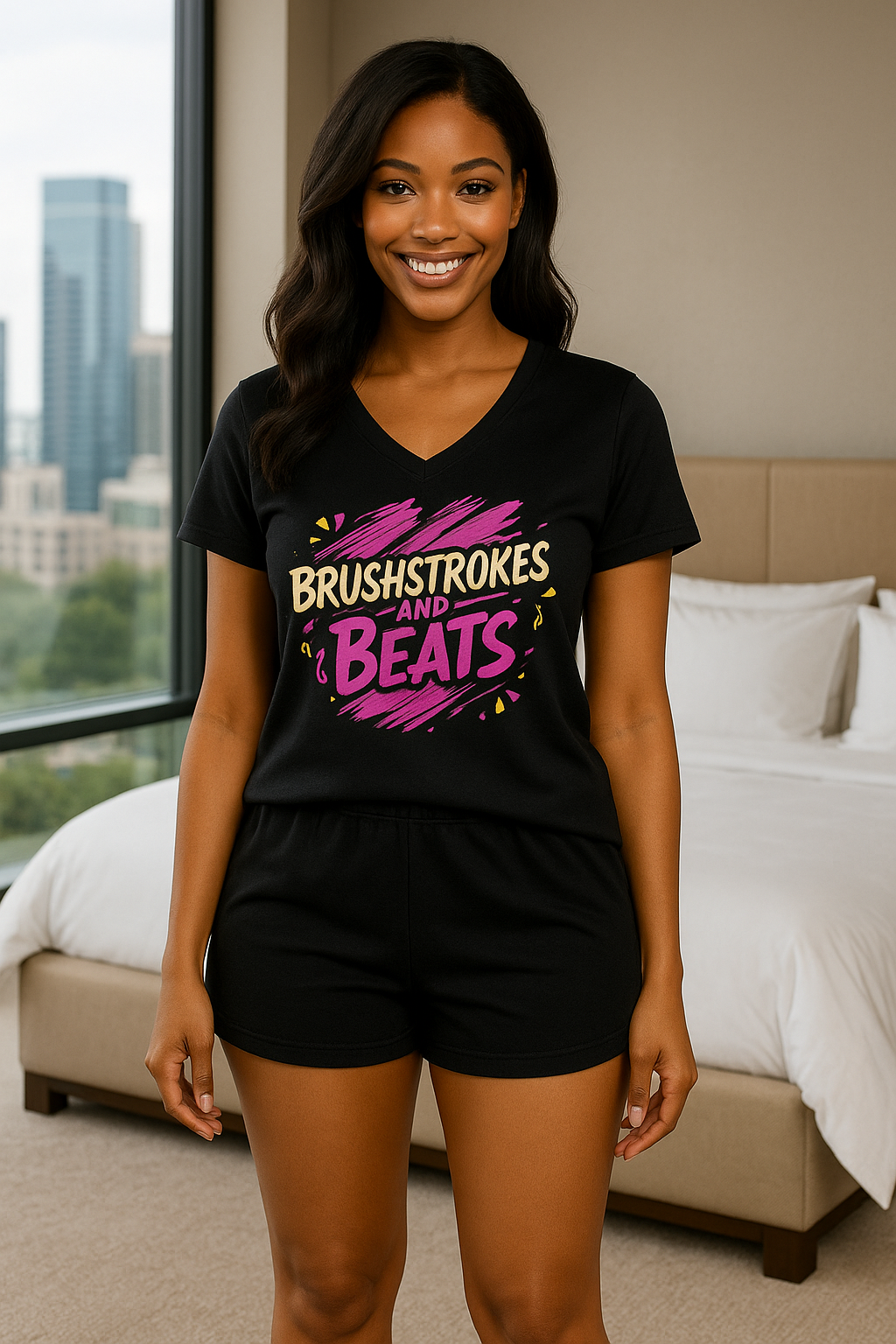 🖤 BRUSHSTROKES & BEATS BLACK LOUNGE SET   Soft V-Neck Lounge Top + Matching Shorts