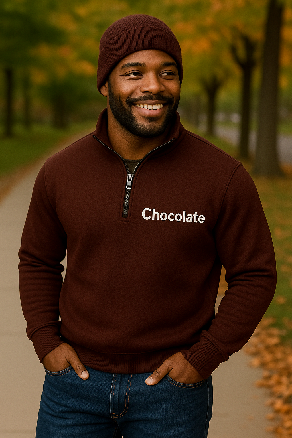 Chocolate Brown QZ Sweater + Beanie Bundle