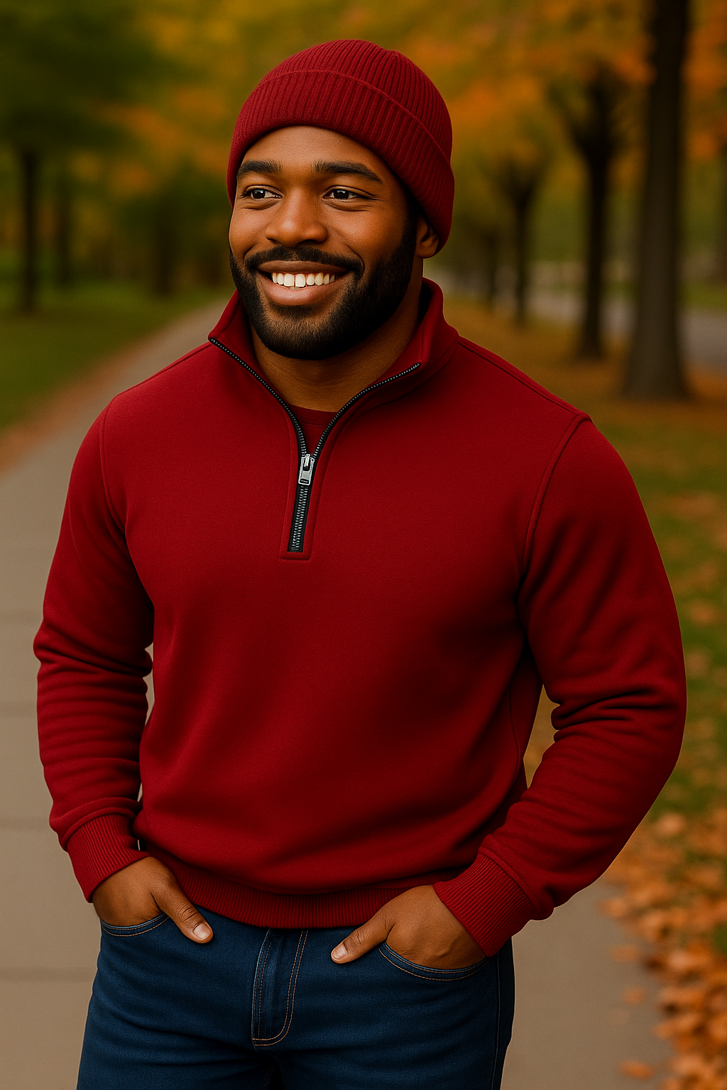 Deep Red QZ Sweater + Beanie Bundle