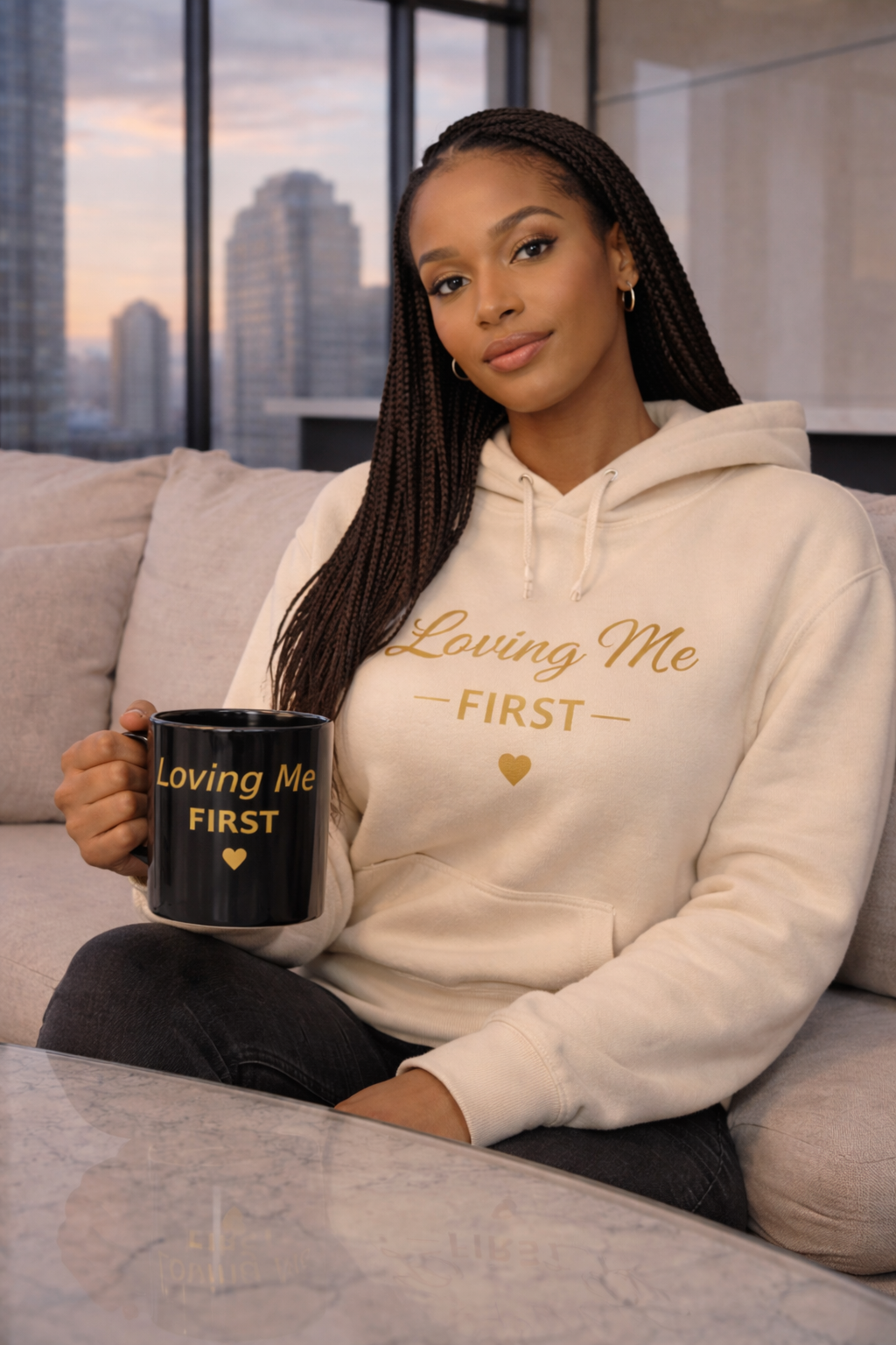 Loving Me First™ Black Ceramic Mug – Gold Self-Love Affirmation Cup