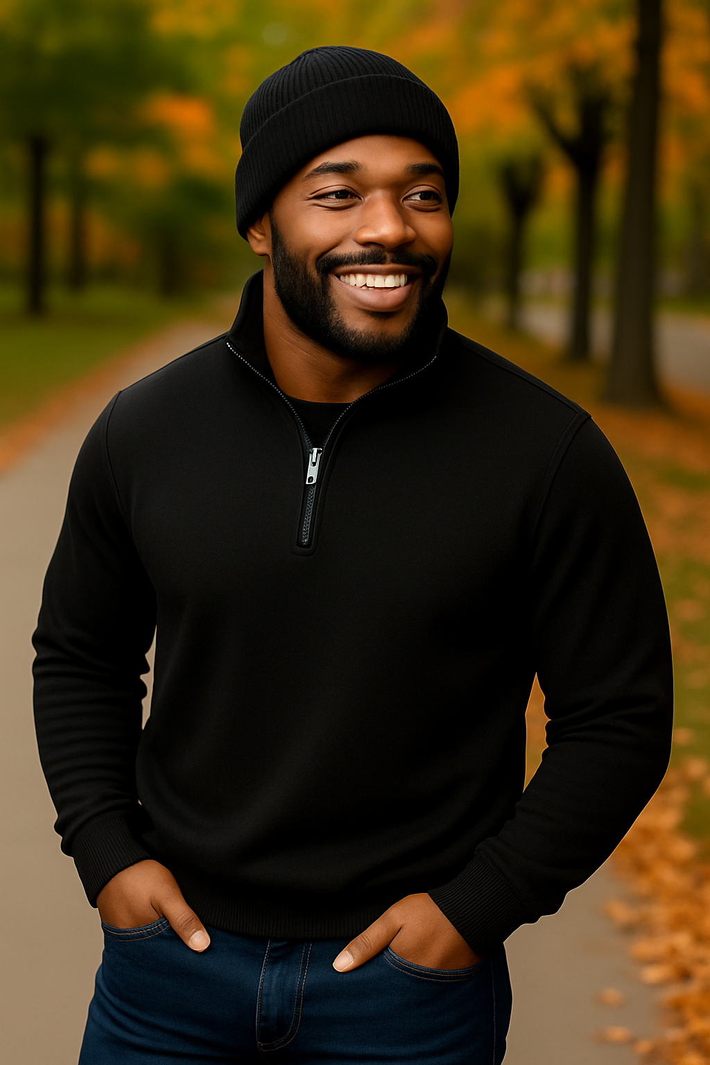 Jet Black QZ Sweater + Beanie Bundle