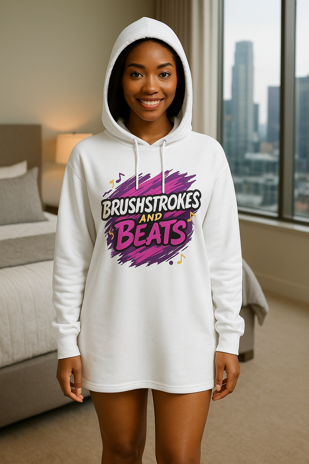 BRUSHSTROKES & BEATS WHITE HOODIE DRESS